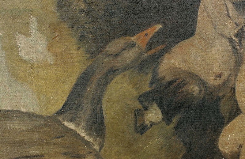 Ölgemälde antik Faun Gans beschädigt