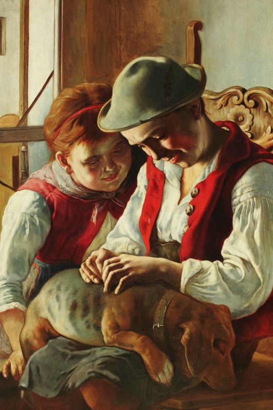 Ölgemälde antik Kinder Tracht Hund