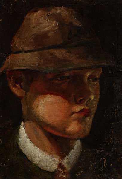 Ölgemälde antik Portrait Knabe Hut