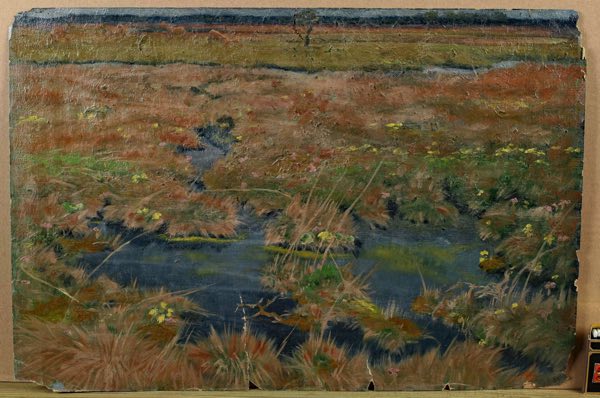 beschädigtes Ölgemälde antik von 1909 Monogramm Tiere Moor Fluss See Landschaft