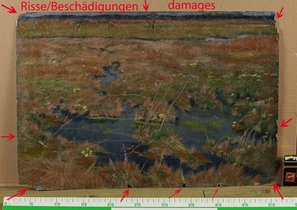 Ölgemälde antik beschädigt Tiere Fluss Landschaft 1909