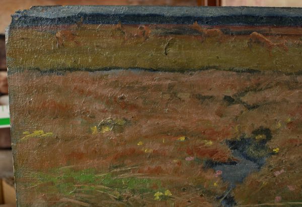 Ölgemälde antik beschädigt Tiere Fluss Landschaft 1909