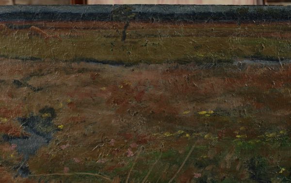 Ölgemälde antik beschädigt Tiere Fluss Landschaft 1909