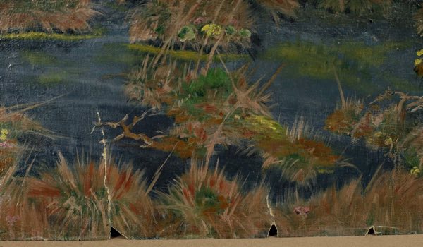 Ölgemälde antik beschädigt Tiere Fluss Landschaft 1909