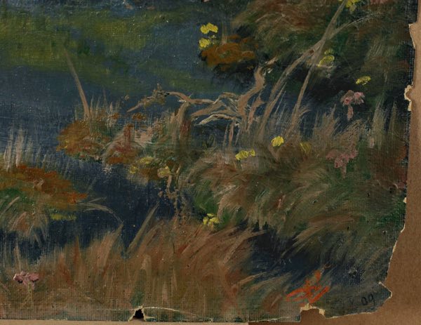 Ölgemälde antik beschädigt Tiere Fluss Landschaft 1909