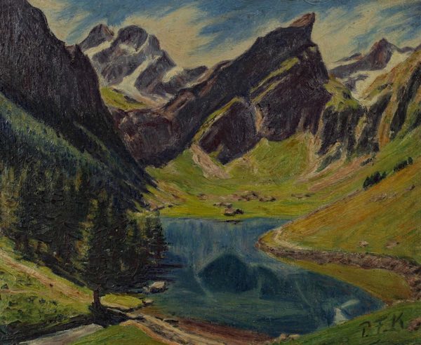 antikes Ölgemälde Monogramm P.F.K. Landschaft Berge See Alpen expressiv PFK