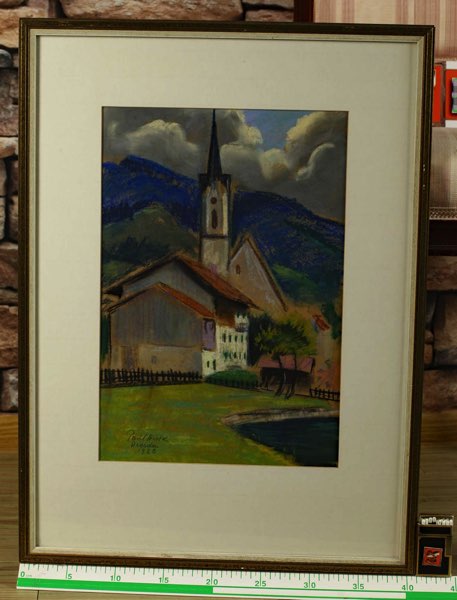 Paul Wicke Pastell antik 1920 Landschaft Kirche