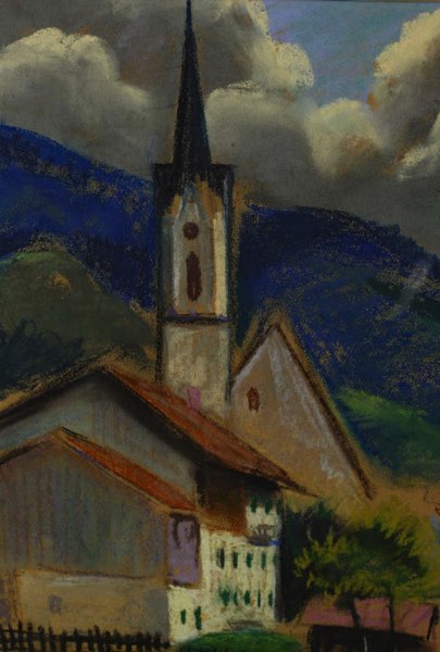 Paul Wicke Pastell antik 1920 Landschaft Kirche
