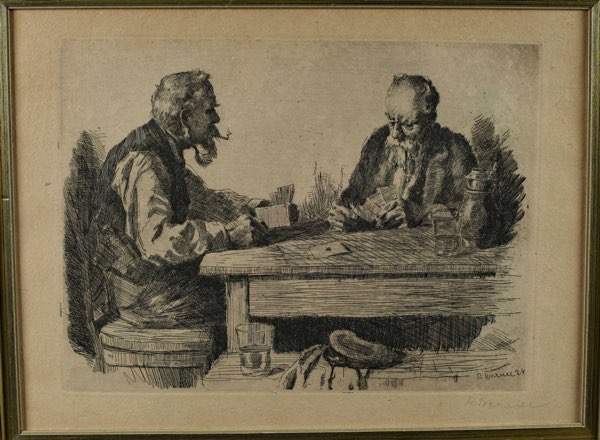 Reinhold Werner Radierung antik Kartenspiel