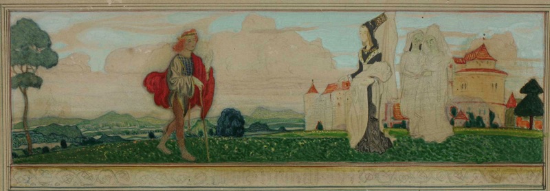 Sigmund Walter Hampel Zuschreibung Zeichnung Ritter Burgfräulein