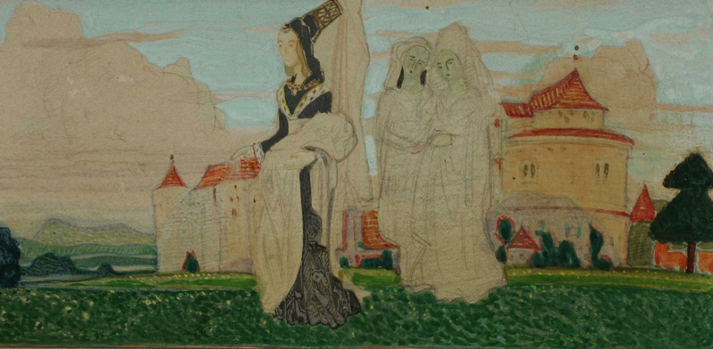 Sigmund Walter Hampel Zuschreibung Zeichnung Ritter Burgfräulein