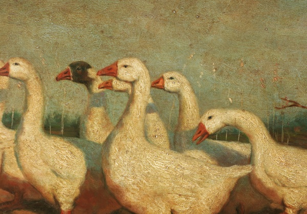 Signiertes antikes Ölgemälde Gänsemagd Mädchen Gänse