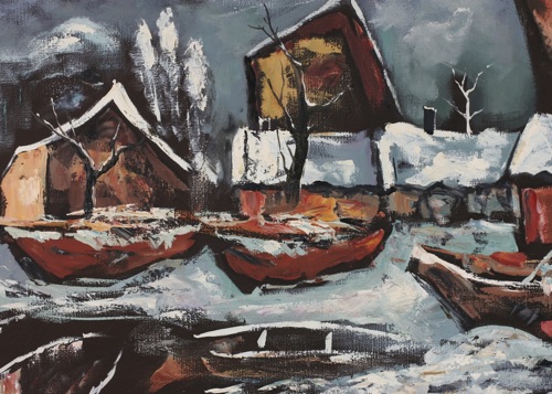 Soptil Ölgemälde älter Schiffe Boote Winter Schnee