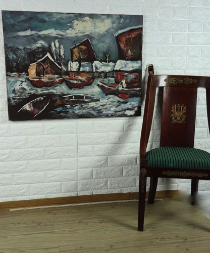 Soptil Ölgemälde älter Schiffe Boote Winter Schnee