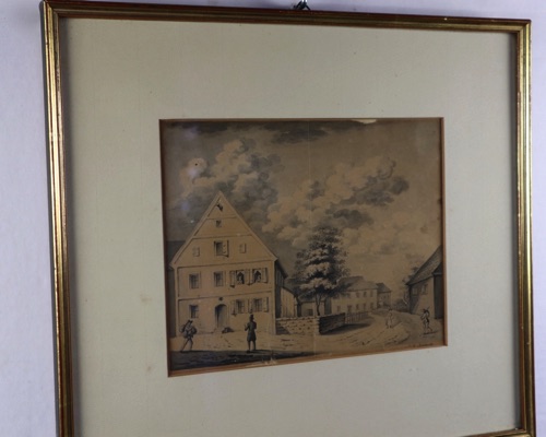 Steinmetz Zeichnung Dorf Personen antik