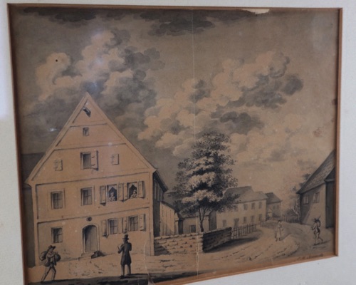 Steinmetz Zeichnung Dorf Personen antik
