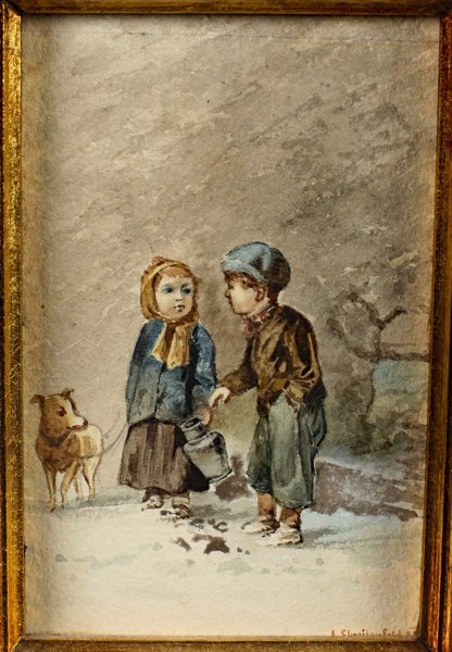 Streitenfeld Aquarell 1889 antik Mädchen mit Hund und Krug Junge Bub Kinder