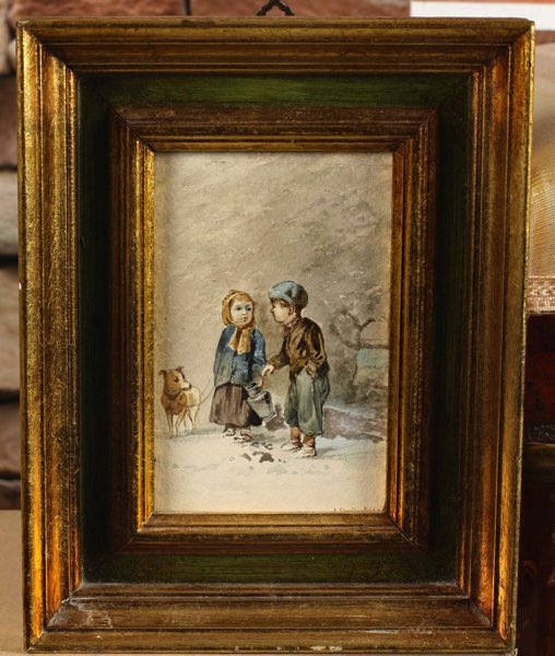 Streitenfeld Aquarell antik 1889 Kinder Hund