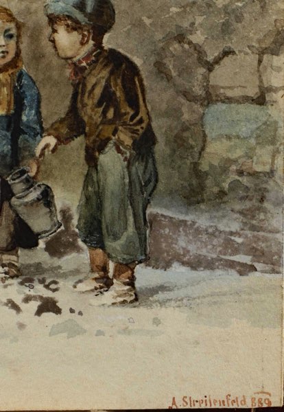 Streitenfeld Aquarell antik 1889 Kinder Hund