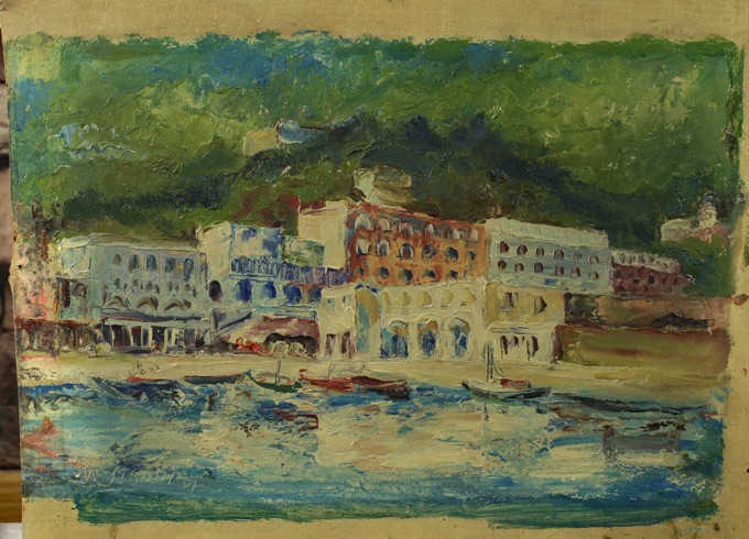 Stroth Ölgemälde Strand Stadt 1957