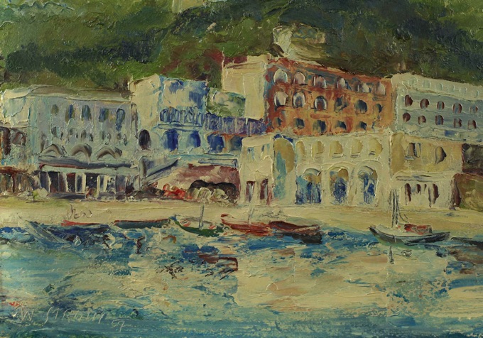Stroth Ölgemälde Strand Stadt 1957