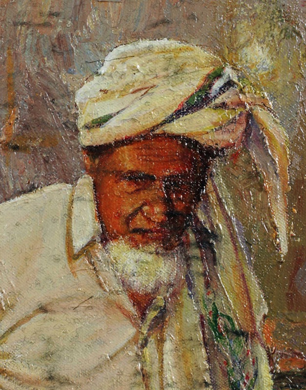 Tawfeeq älteres Ölgemälde Mann mit Fisch Yemen Staatsgeschenk