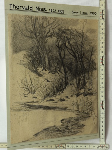 Thorvald Simeon Niss Zeichnung antik 1900 Skov i sne