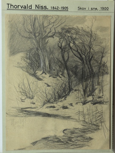 Thorvald Simeon Niss Zeichnung antik 1900 Skov i sne