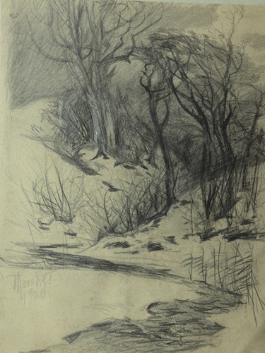 Thorvald Simeon Niss Zeichnung antik 1900 Skov i sne