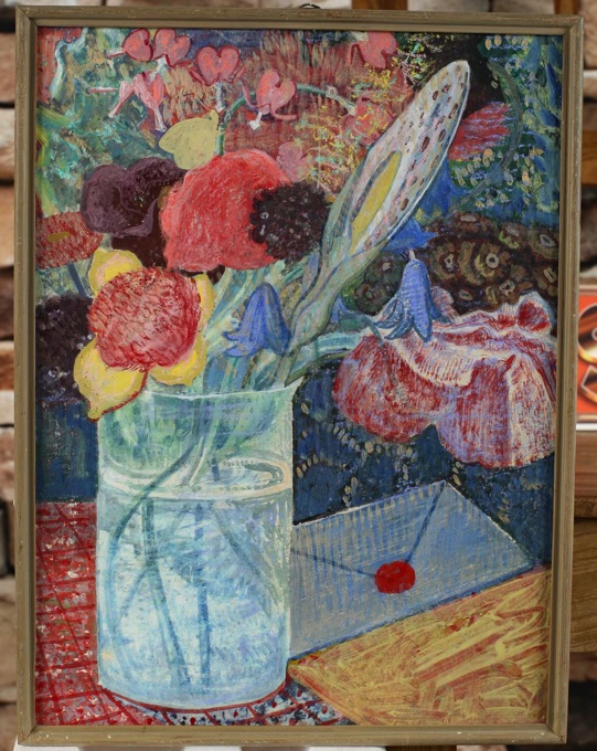 Prof Anton Toni Roth 1899-1971 Ölgemälde antik Stillleben Blumen Brief expressiv