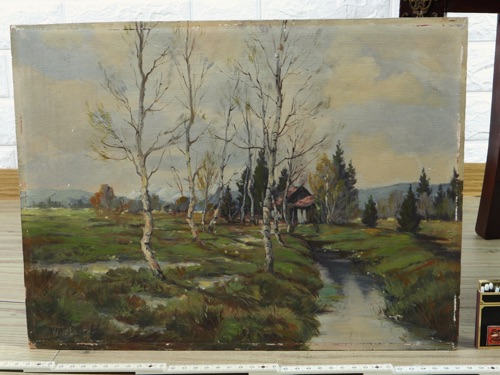 W Blaetter Ölgemälde Bach Birken Landschaft