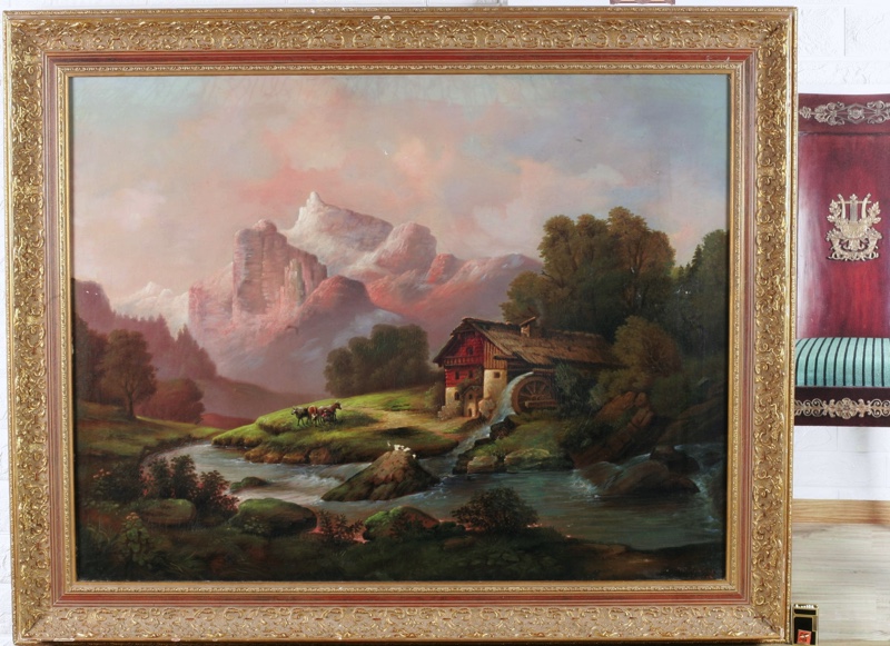 W Rohling Wien Gemälde antik 1885 idyllische Landschaft Mühle