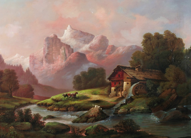 W Rohling Wien Gemälde antik 1885 idyllische Landschaft Mühle