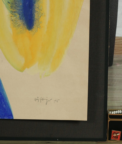 Werner Höpflinger Gouache Gemälde Komposition blau gelb 1975