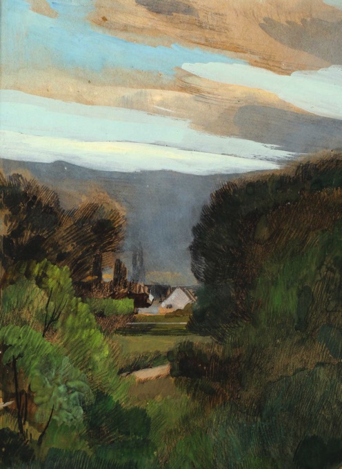 Wilhelm Jakob Hertling Gouache Aquarell antik Natur Dorf Landschaft
