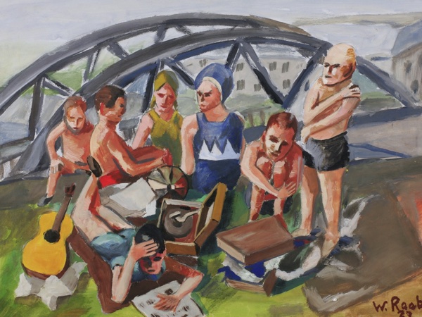 Wilhelm Raab Gouache antik 1927 Badende am Main Picknick museal
