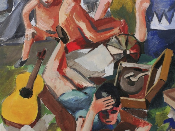 Wilhelm Raab Gouache antik 1927 Badende am Main Picknick museal