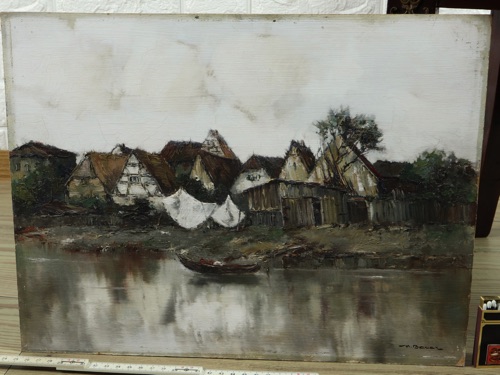 Willi Bauer Ölgemälde Dorf Fluss Spessart