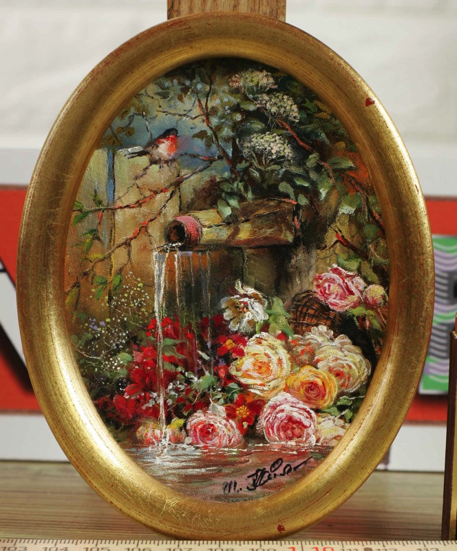 Wolfgang Kaiser Ölgemälde 2009 Blumen Vogel oval