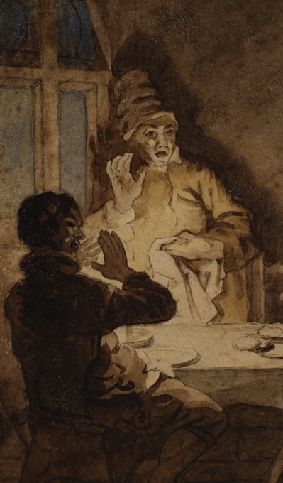 antike Malerei Sepia Aqaurell Interieur Personen