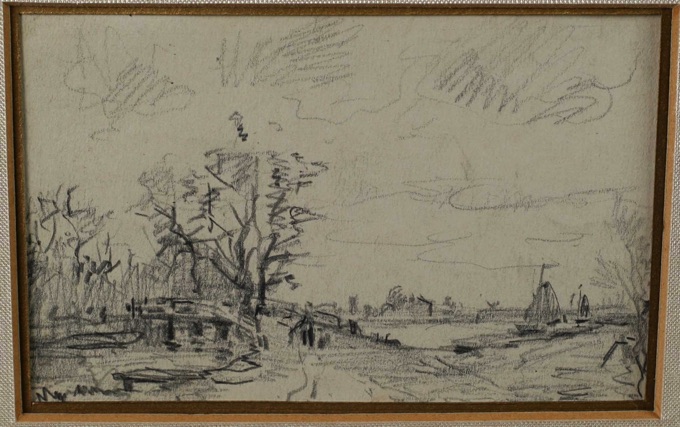 antike Zeichnung Landschaft Küste Schiffe