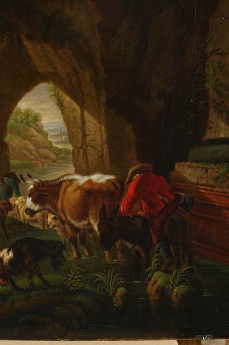 antikes Ölgemälde Esel Tiere Personen Grotte
