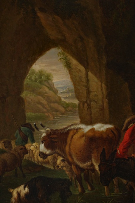 antikes Ölgemälde Esel Tiere Personen Grotte