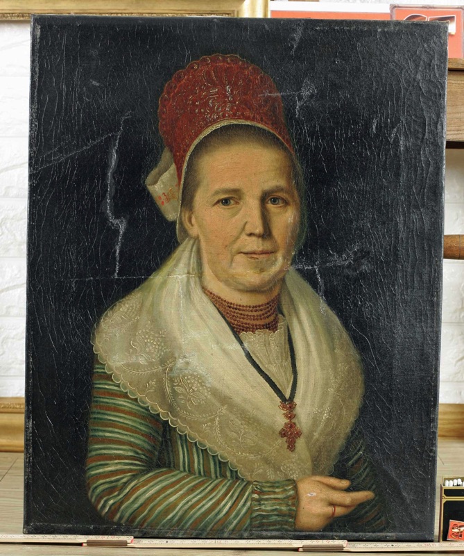 antikes Ölgemälde Portrait Frau Haube doubeliert Biedermeier