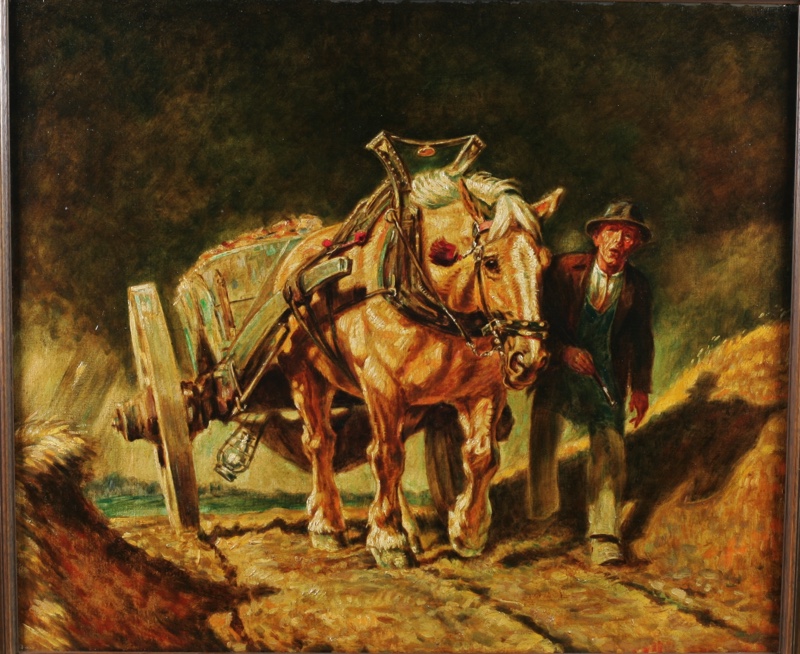 älteres Ölgemälde Pferdefuhrwerk Wagen