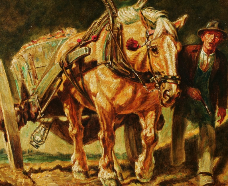 älteres Ölgemälde Pferdefuhrwerk Wagen