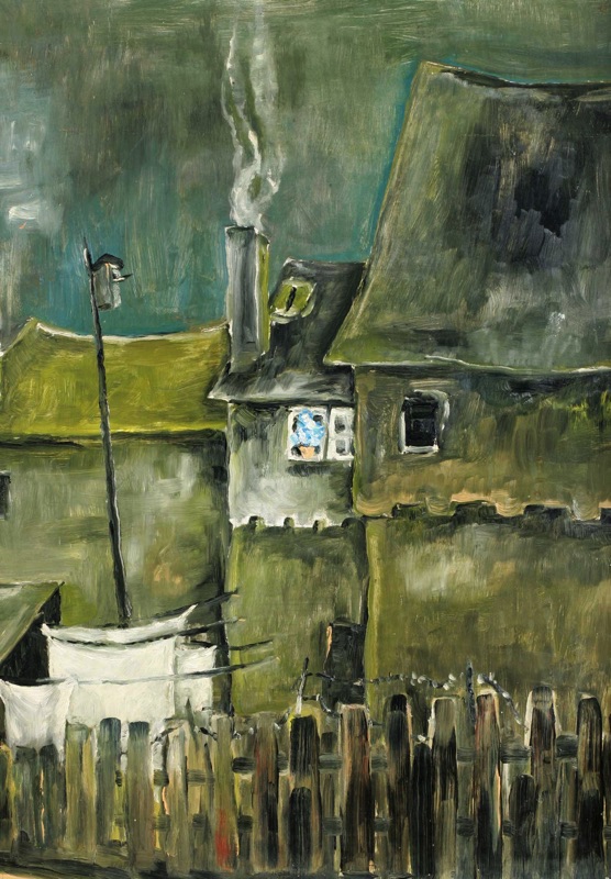 expressives Ölgemälde Dorf Schornstein Häuser