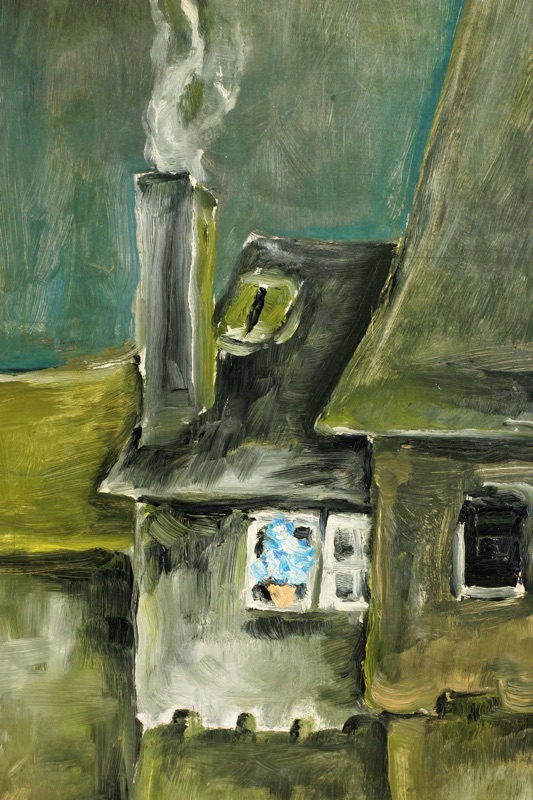 expressives Ölgemälde Dorf Schornstein Häuser