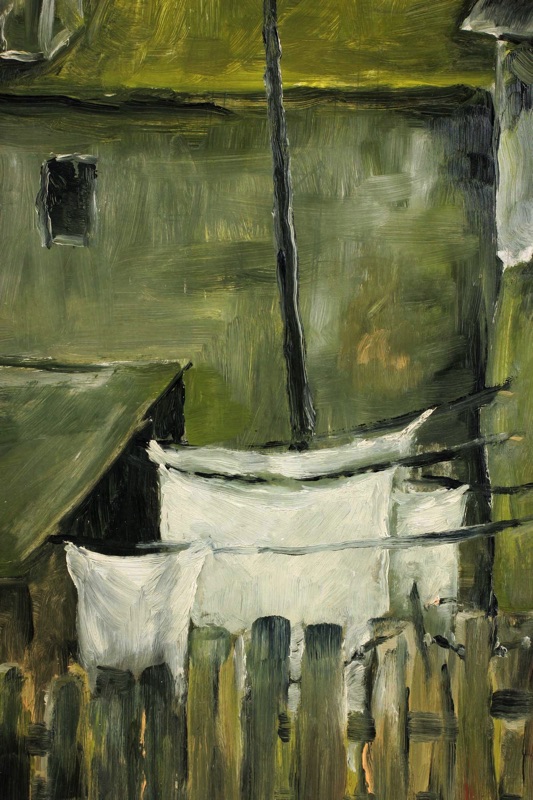 expressives Ölgemälde Dorf Schornstein Häuser