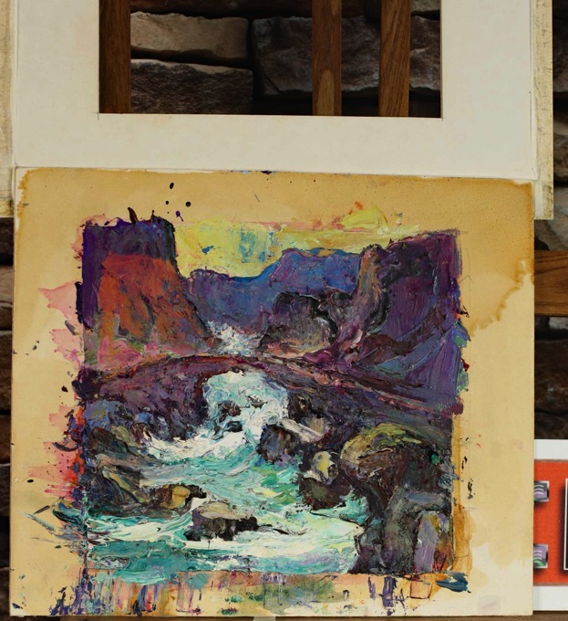 expressives älteres Ölgemälde Berge Felsen Fluss
